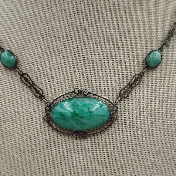 Vintage Sterling Silver 925 Green Pekin Glass Art Deco Necklace 16" - Picture 8 of 16